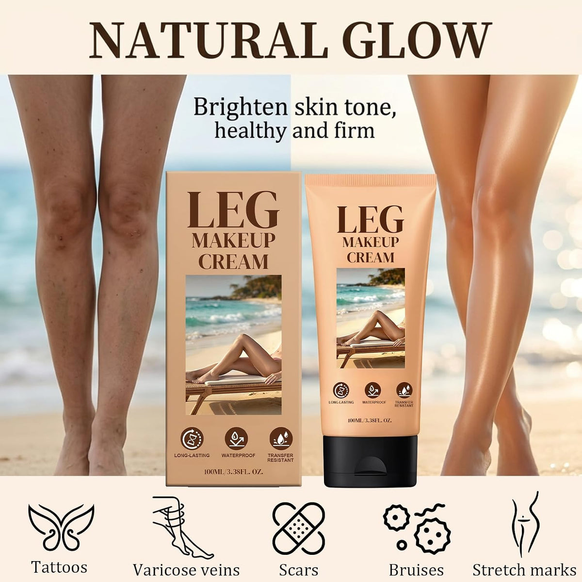 Body Coverage Perfector Waterproof, Leg Makeup&Tattoo Cover Up Cream, All Over Complexion Perfector, 48H Long Lasting Wear,Lightweight Full Coverage Leg Make Up to Cover Veins, Scars, Tattoos (#02)
