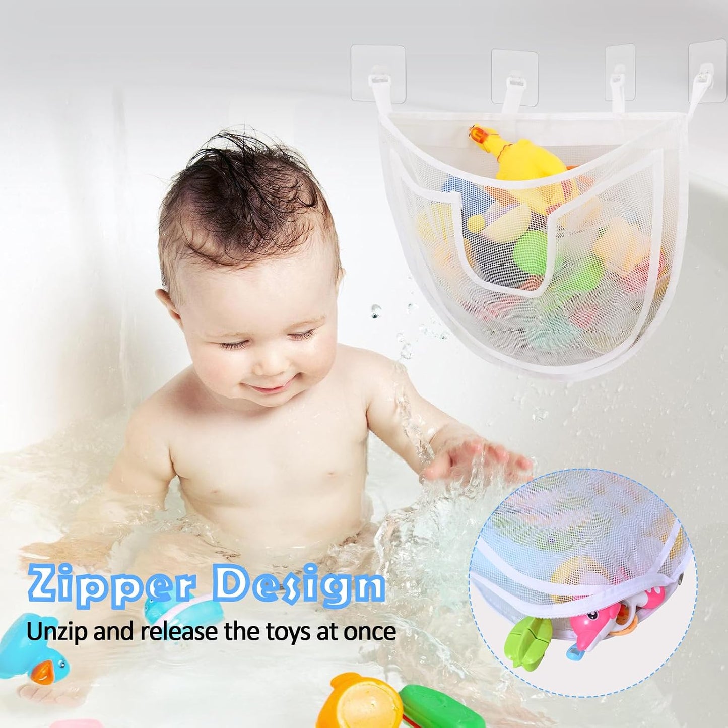 Bath Storage, Large Capacity Holder With Bottom Zipper, Quick Release Bathtub Organizer With Large Pocket, Corner Mesh Basket Bin for Bathroom Toys - White