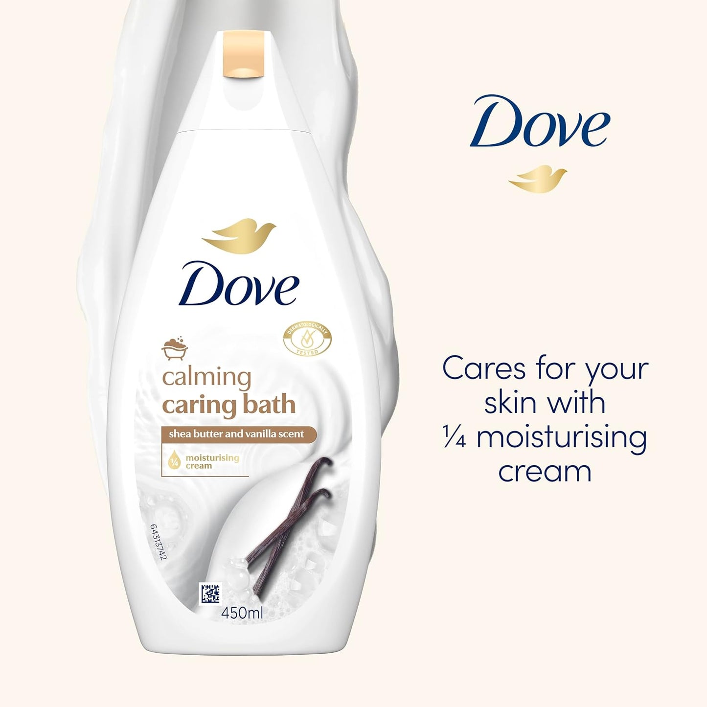 Dove Calming Caring Bath Bath Soak with ¼ moisturising cream, shea butter & warm vanilla for an indulgent bubble bath 450 ml