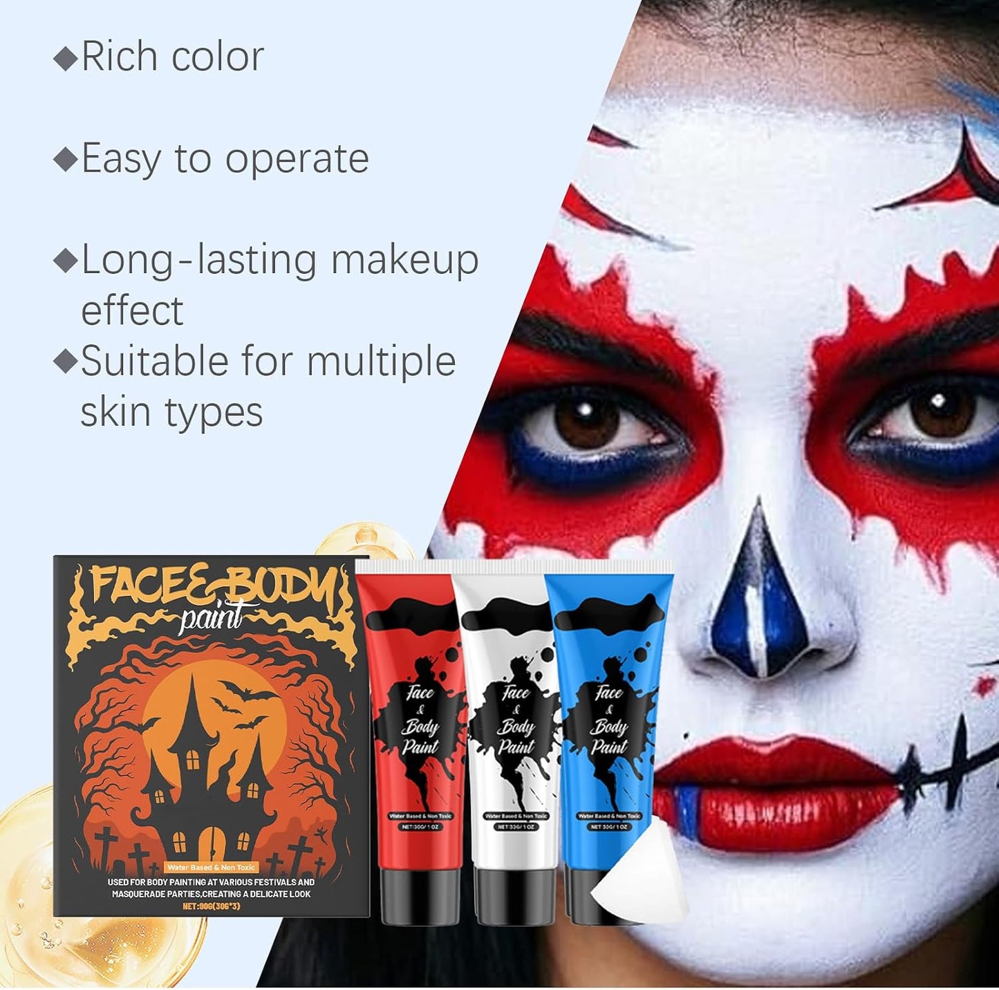 3PCS Blue White Red Face Body Paint Kit,Water Based Face Painting for Halloween SFX Makeup,Full-coverage Body Paint with sponges for Joker Clown Devil Spider-man Halloween Costume Cosplay