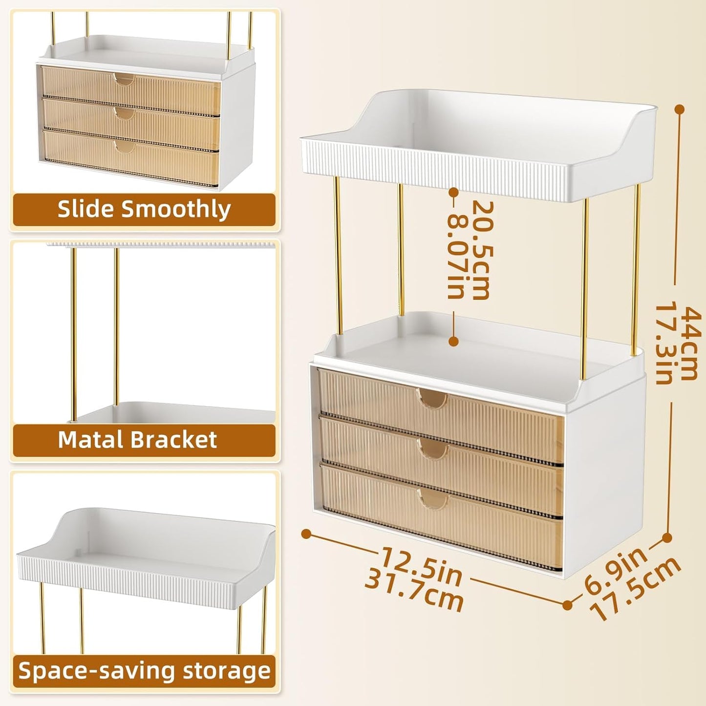 Makeup Organiser - Upgrade 2 Tier 3 Drawers Large Vanity Organisers, Versatile Cosmetic Storage, Exquisite Bathroom & Skincare, Dressing Table Organiser, Amber