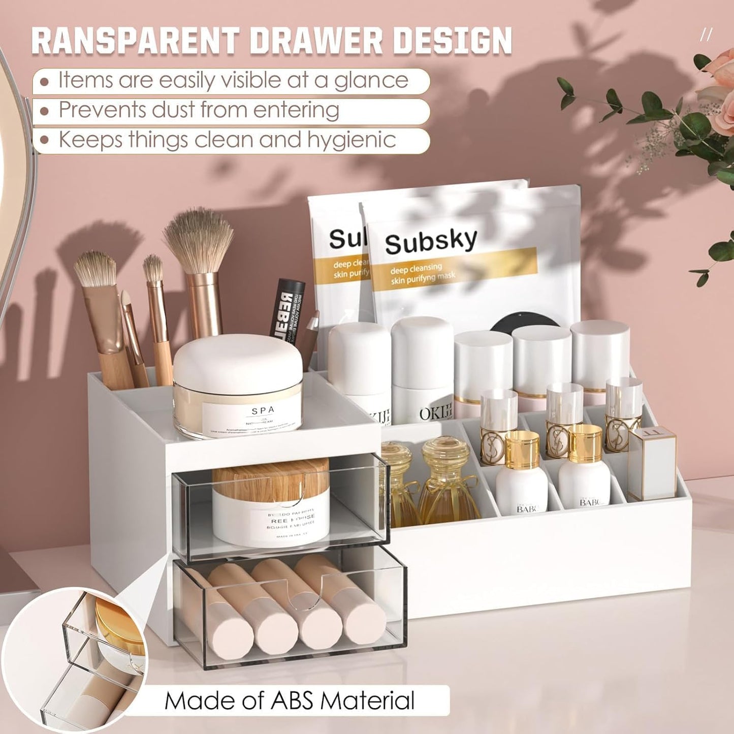 Subsky Makeup Organiser Cosmetics Storage with Drawers, Skincare Organiser, Offices Multi-function Organizer, Sturdy Cosmetic Storage Box with Drawers, for Dresser, Bedroom, Bathroom, White