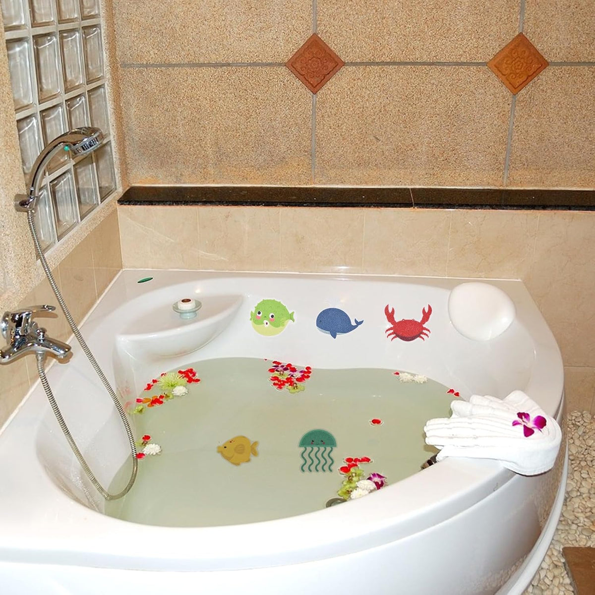 Non-Slip Stickers Pack of 10, Self-Adhesive Non-Slip Stickers for Bathtub and Shower, Child-Friendly Cartoon Sea Design, for Bathtub and Bathroom Floor