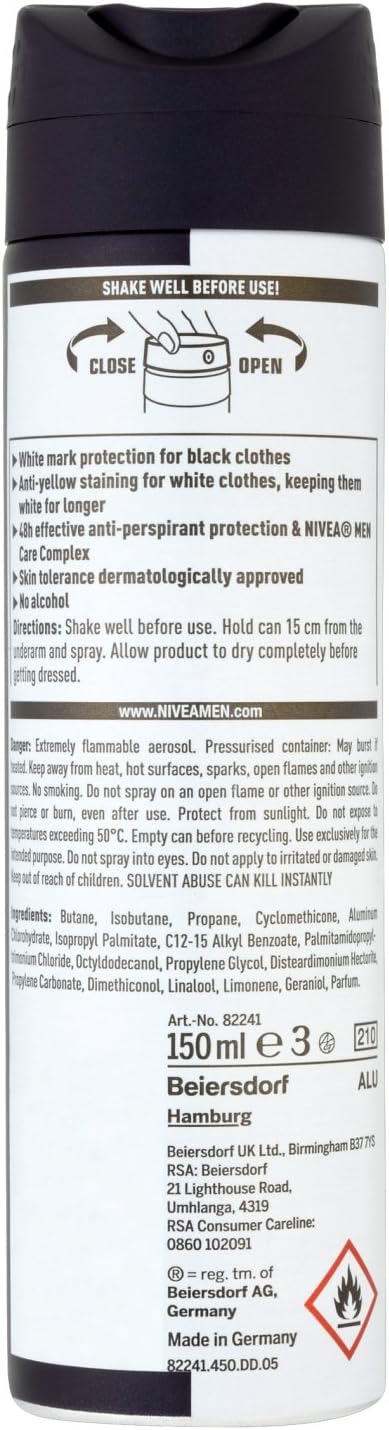 NIVEA MEN Black & White Original Anti-Perspirant (150 ml), 72hr Anti-Sweat Deodorant for Men, No Stains on Black and White Clothes (Pack of 2)