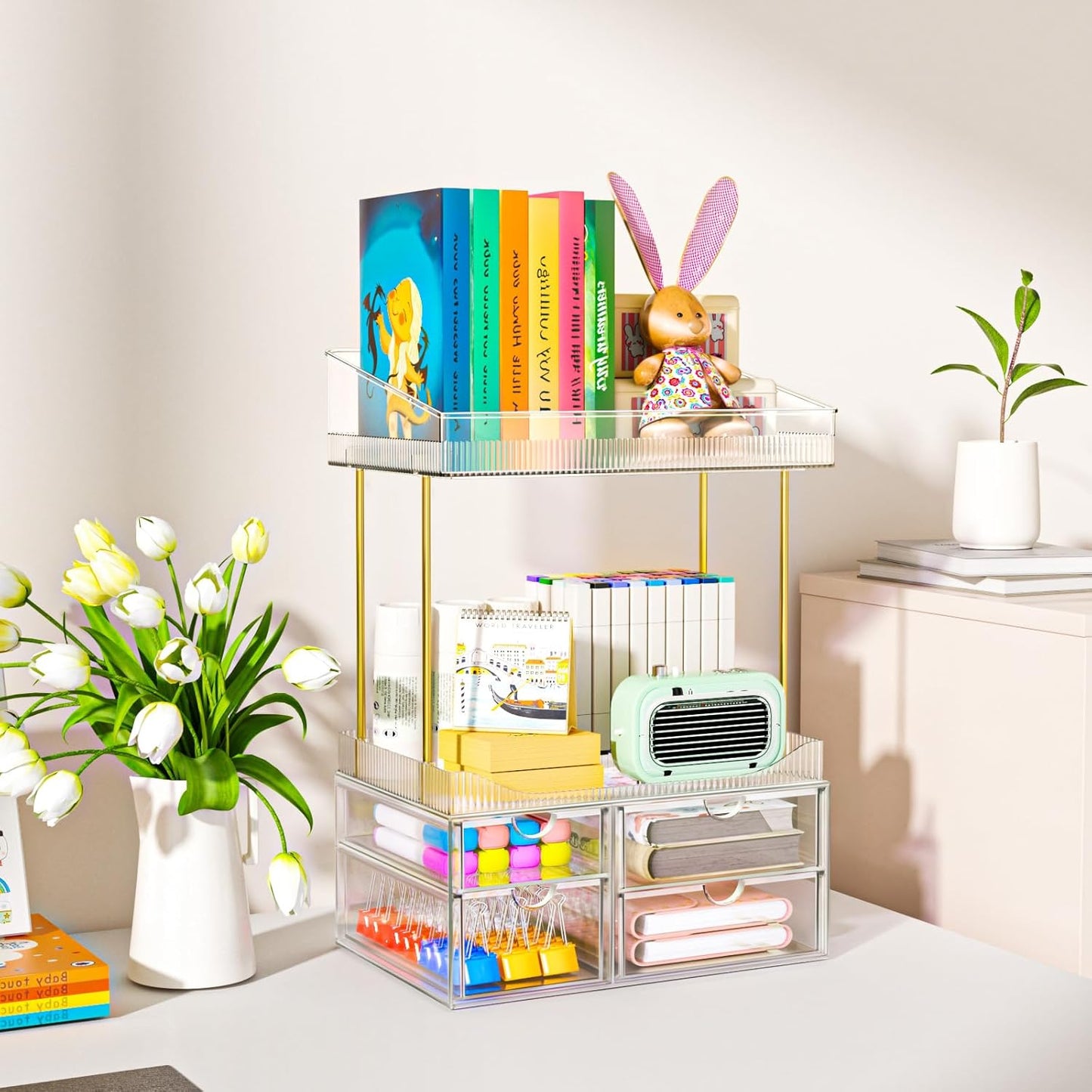 Makeup Organiser - Upgraded Transparent Perfume Organiser with 2 Shelves & 4 Drawer, Make up Storage Non-Slip Design, Skincare Drawer Organisers for Bathroom/Bedroom/Kitchen/Vanity, Clear