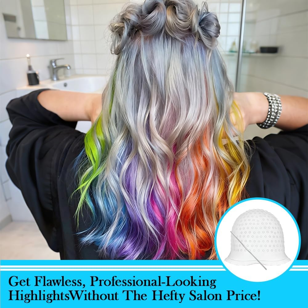 Silicone Highlighting Cap with Pre Drilled Holes, Reusable Professional Unisex Hair Streaking Cap with Hair Picking Hook for Hair Coloring Dyeing Staining, Salon and Home Use (White, 1 Pcs)