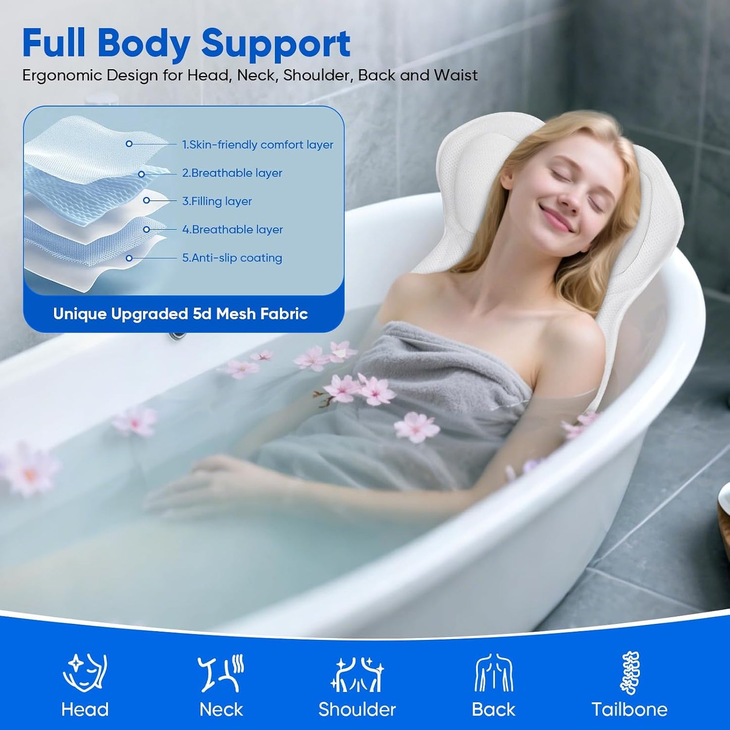 Full Body Bath Pillow Mat & Cushion, Bathtub Pillow Headrest With Comfort Soft 5D Air Mesh And 16 Powerful Suction Cups For Women Spa Relaxing Fits All Bathtub