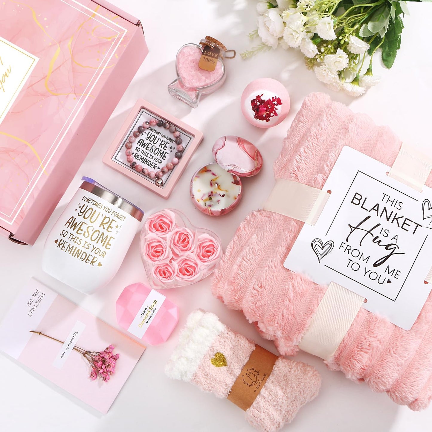 Birthday Pamper Gifts for Women, Luxury Hug in a Box Self Care package for Her Relaxation Spa Gifts Sets, Wellbeing Get Well Soon Hamper Gifts Ideas for Women Best Friend Bestie Sister