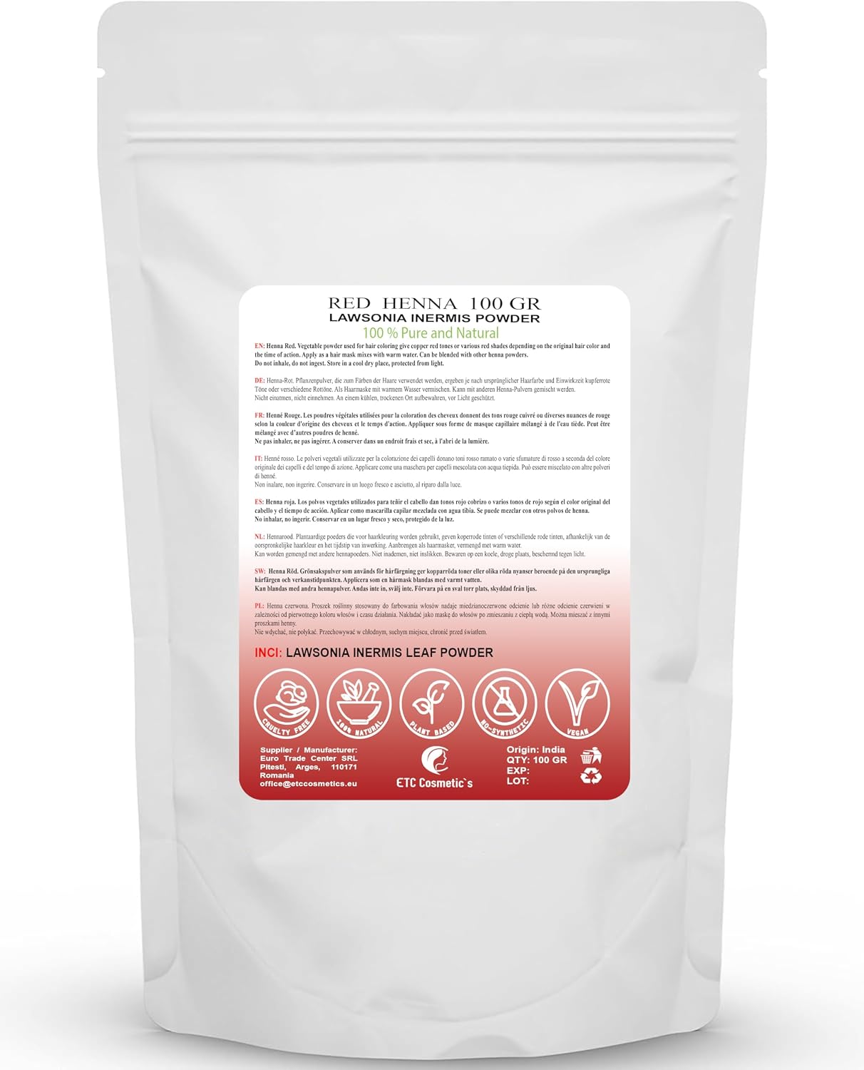 ETC Cosmetic's Red Henna - Lawsonia Inermis - 100g Powder - Natural - Improves Hair Appearance & Conditions - All Hair Types - Demi-Permanent - Not Suitable for Red Hair