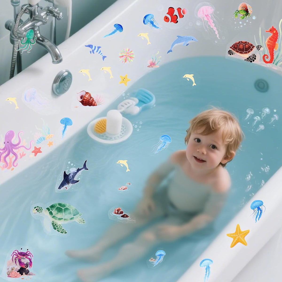 Lyreh 6pcs Sea Creatures Bathtub Grip Stickers, Non Slip Ocean Kids Bathtub Anti Clip Stickers Strong Adhesive Decals Creative and Cute Bathroom Decorations for Bath Tub and Shower Floor