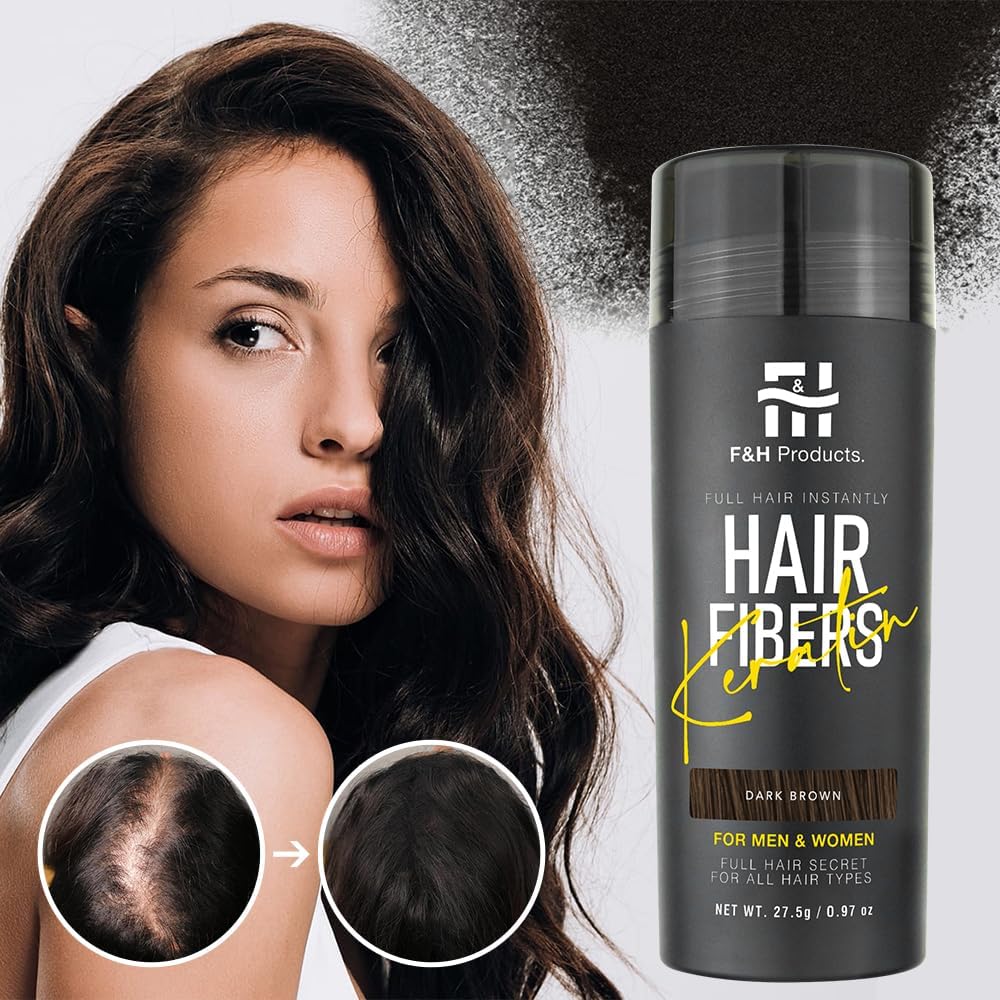 F&H Hair Fibres Dark Brown 27.5g – Keratin Hair Building Fibers – Instant Hair Thickening Powder for Men & Women