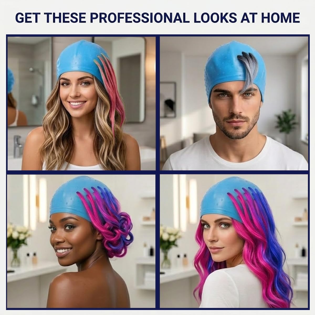 Blue Silicone Highlighting Cap Anti-Bleeding Snug Fit Hair Dyeing Kit with Hook Tool Reusable Pre-Pierced Holes Hair Colouring Hat for Accurate DIY Home Salon Results Professional Grade