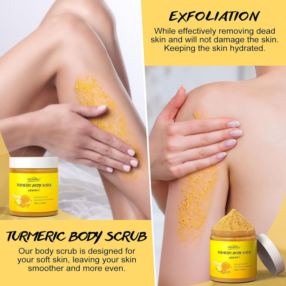 Turmeric and Vitamin C Body Scrub, Exfoliating Scrub, Remove Dead Skin Improve Dark Spots Acne, Natural Deep Cleansing, Exfoliator for Body Butt Bikini Area, Body Care for Men Women, with Loofah
