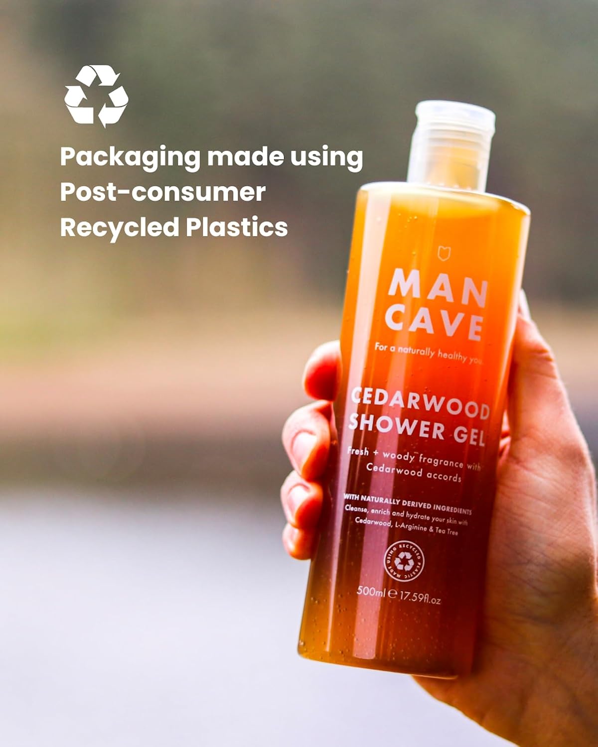 ManCave Cedarwood Mens Shower Gel, 500 ml, Body Wash, Natural Ingredients, Vegan, Eco-Conscious and Cruelty-Free, Fresh Woody Shower Gel for Men with Eucalyptus, Pine Needle, Body Wash for Men