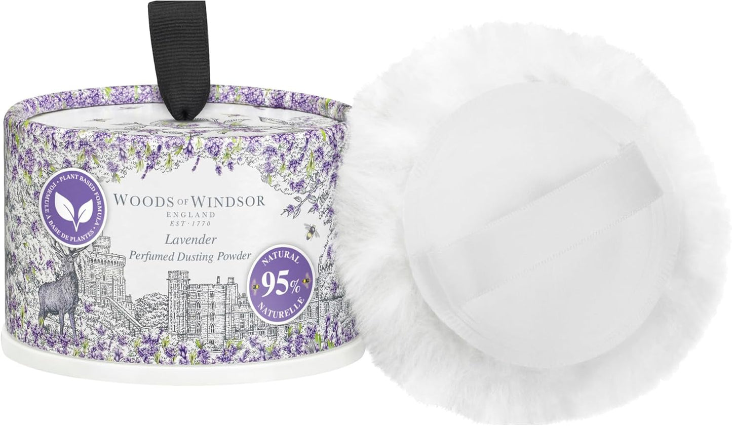 Woods of Windsor Lavender Dusting Powder with Body Puff Floral Talc Alternative Body Powder for Odour Control & Chafing Prevention, 95% Naturally Derived, Vegan & Cruelty Free 100g /3.5oz