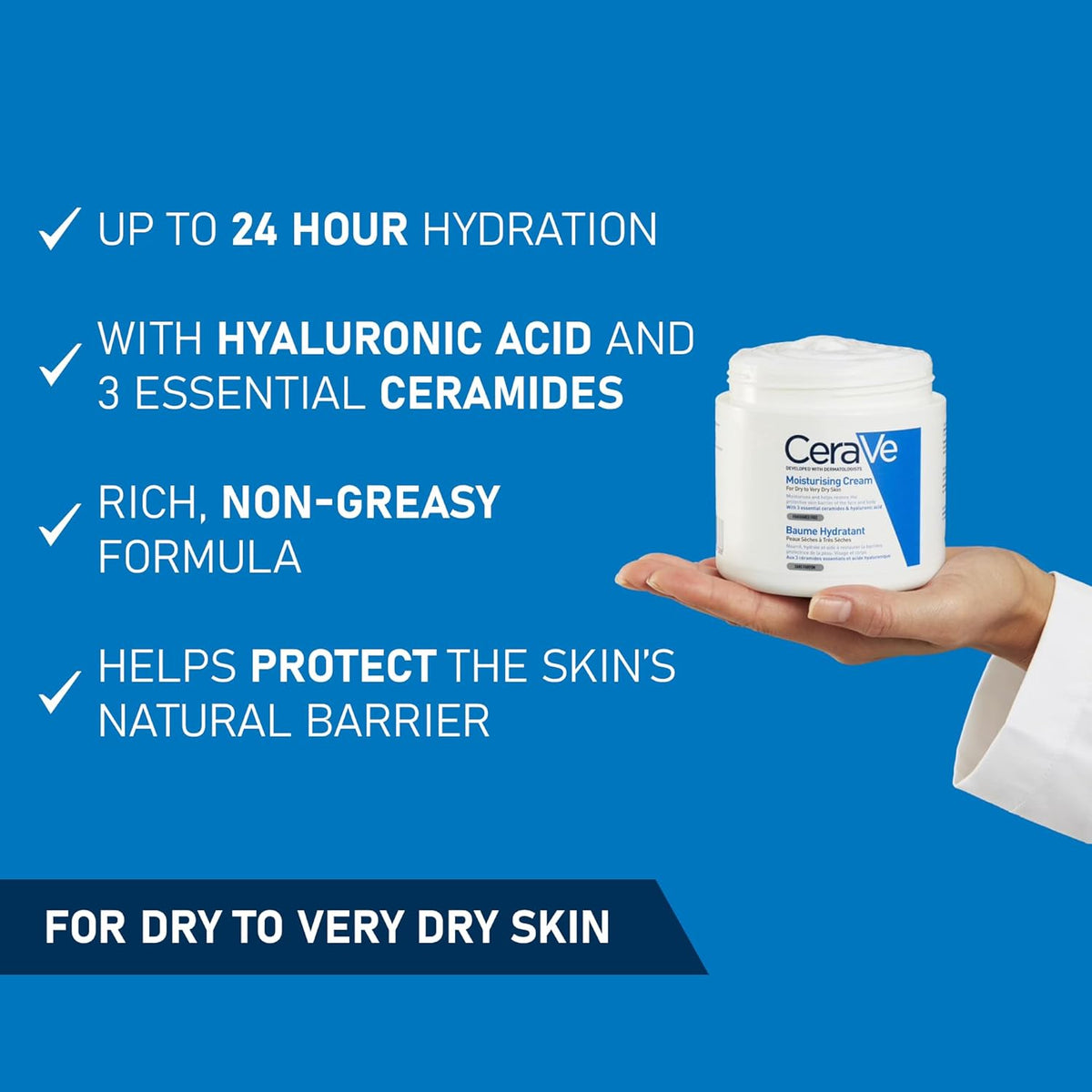 CeraVe Moisturising Cream, Face & Body, with 3 Essential Ceramides & Hyaluronic Acid for Dry to Very Dry Skin, Developed with Dermatologists, Fragrance-Free, 454g/16oz