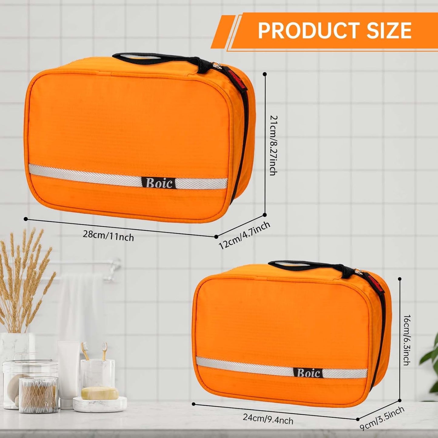 Hanging Toiletry Bag Waterproof, Large Man Wash Bags for Men, Travel Toiletry Bag Folding Portable Toiletries Bag for Men & Women with 4 Compartments, Orange, 28 x 12 x 21cm