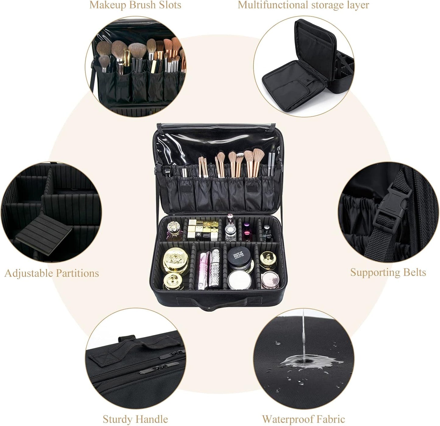 Makeup Organiser Bag Make up Case: Large Travel Cosmetic Case Organiser Professional Portable Makeup Storage Bag for Toiletry Make Up Artist Tool Brush Vanity Beauty Box with Adjustable Dividers