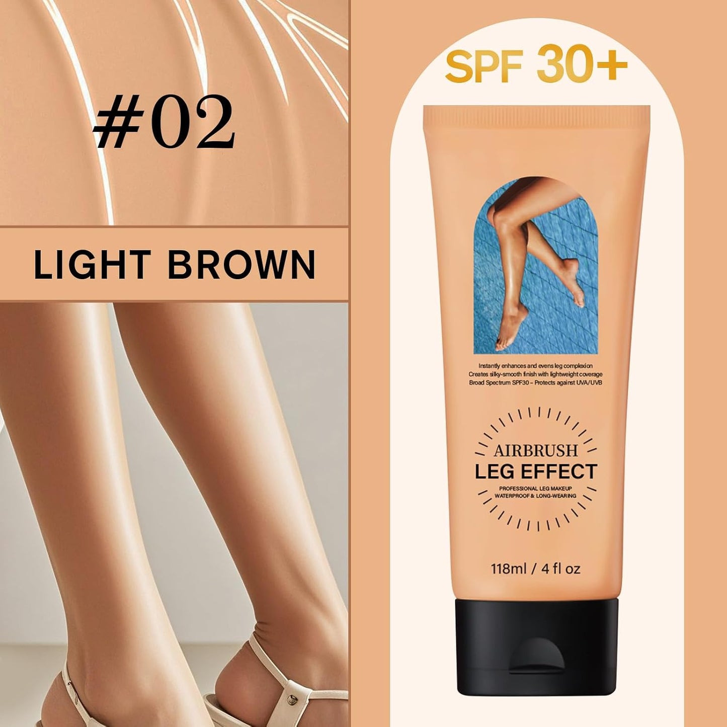 Waterproof Leg Makeup without Transfer with Extra Large Brush, Tattoo Cover for Varicose Veins/Scars, Skin Perfecting Body Foundation, Balances Skin(#02 Medium)