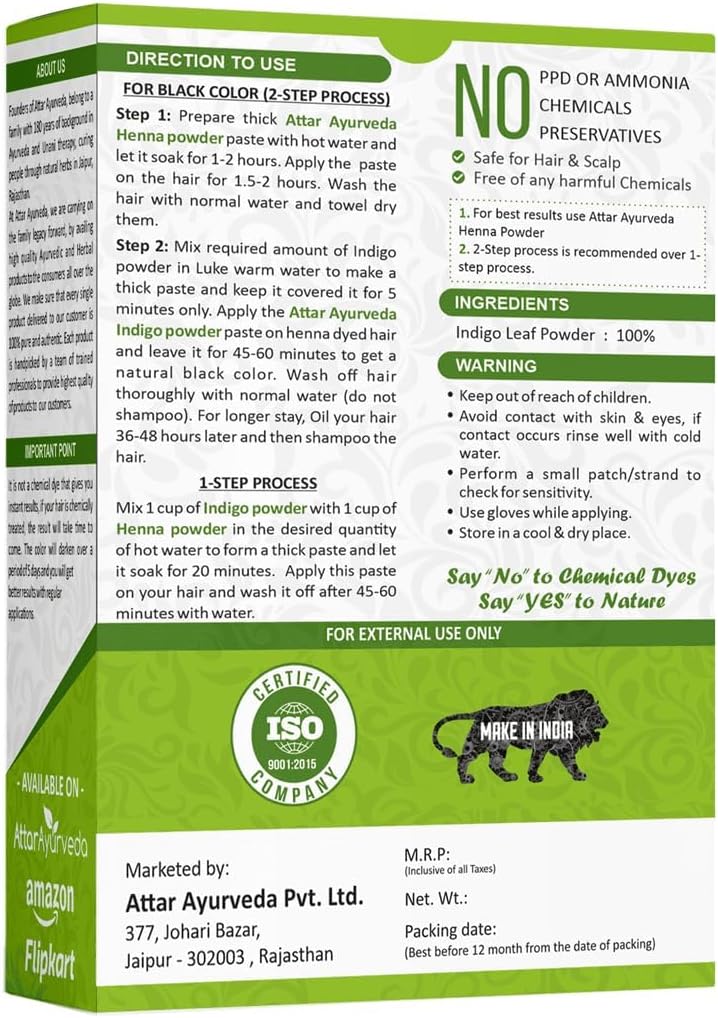 Attar Ayurveda Natural Indigo Powder 200g, 100% Pure Hair Dye, Chemical-Free Herbal Colour for Black & Dark Brown Hair, Ammonia-Free, PPD-Free, Vegan Organic Hair Colouring Powder