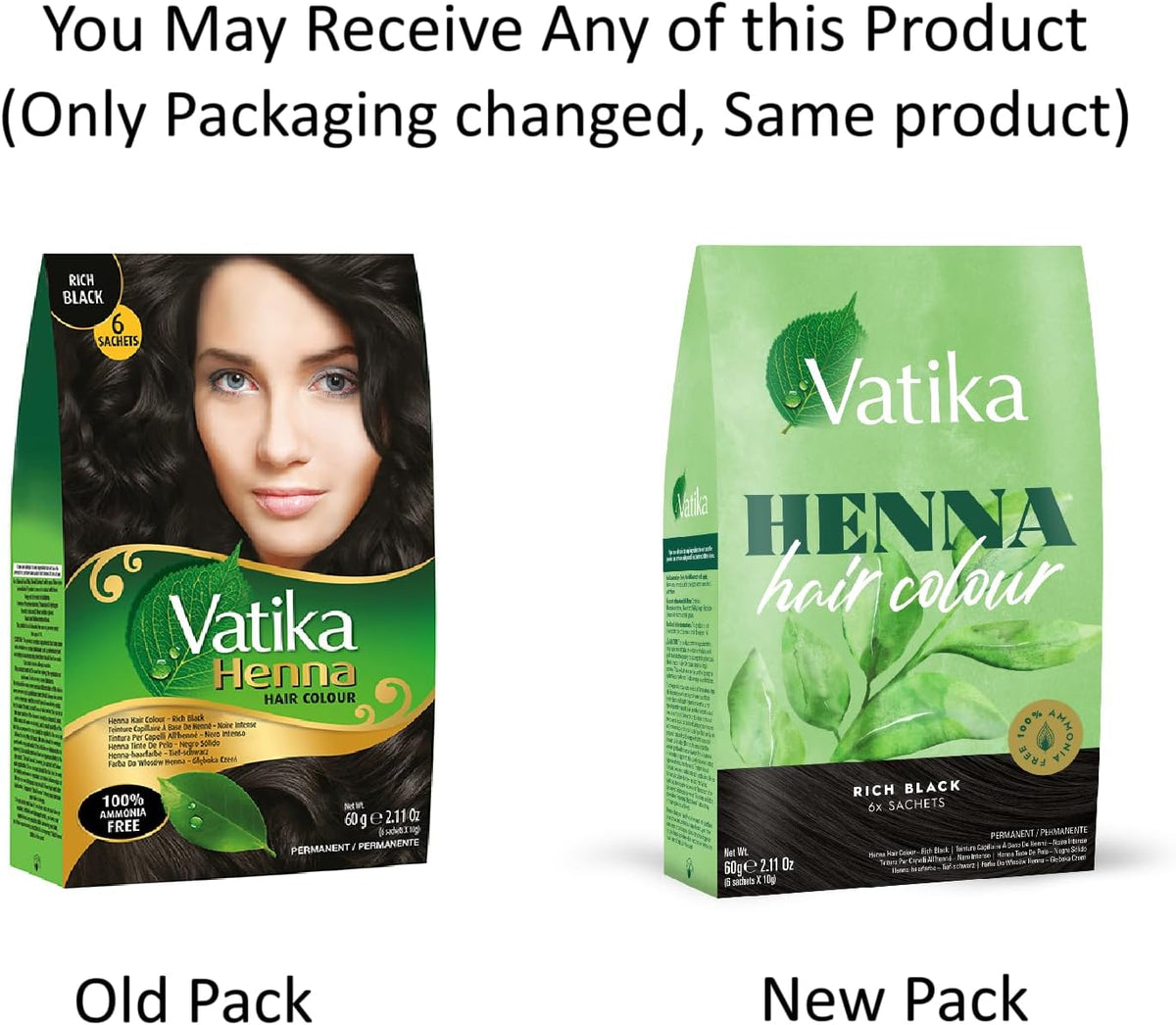 Vatika Henna Rich Black Hair Colour - 60g (6 x 10g Sachets), 100% Ammonia Free, For Vibrant Color, Shine, & Coverage (Packaging May Vary)