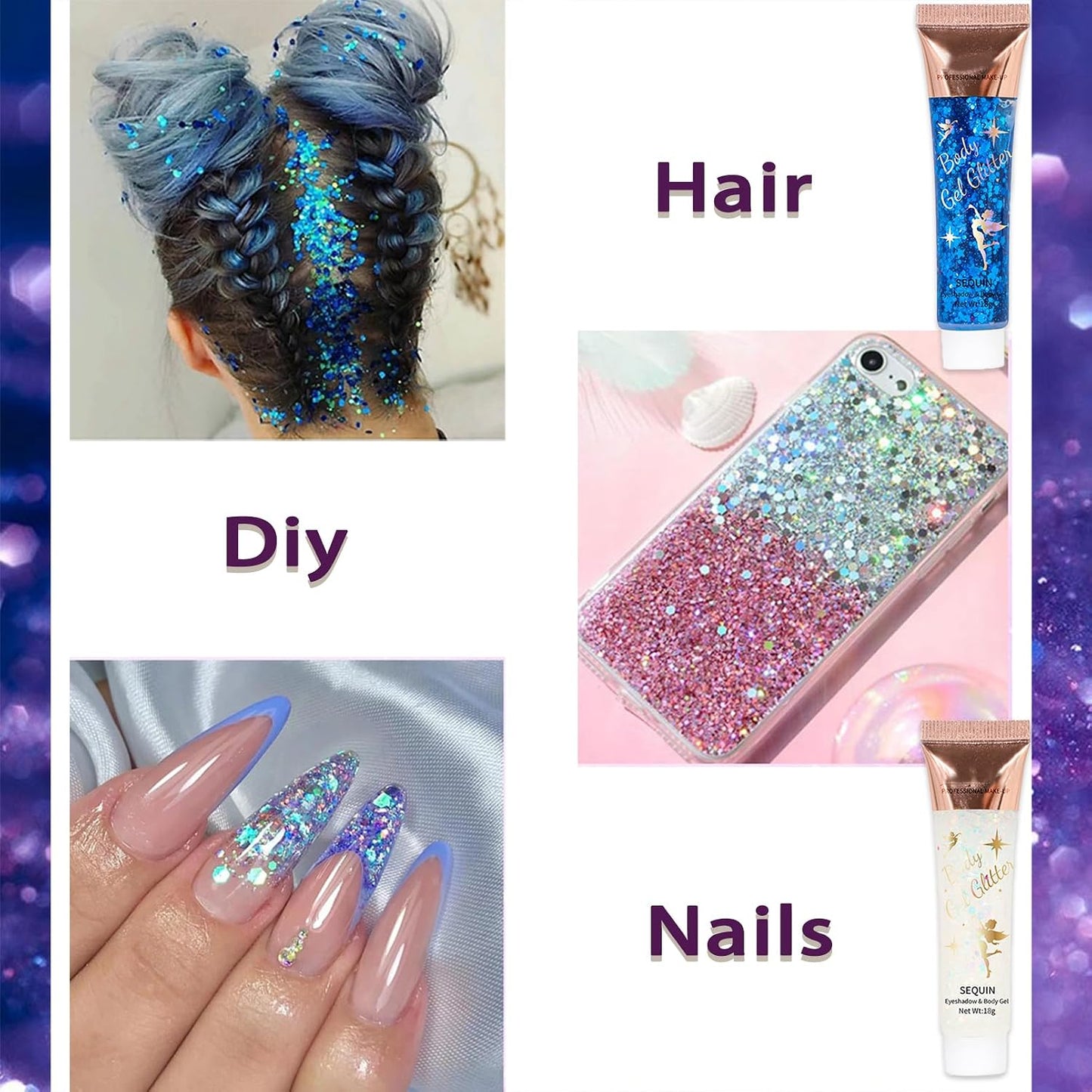 Body Glitter Gel, Face Sequins Chunky Mermaid Liquid Holographic for Body, Cheeks and Hair, Sparkling Festival Party Lotion Beauty Makeup, Nail Art DIY (02#)