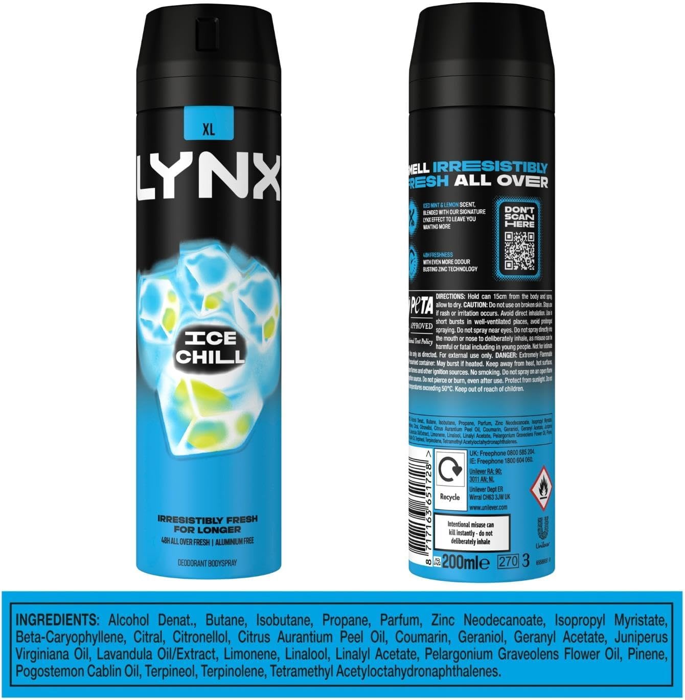 3 Pack of Lynx 48H Fresh Ice Chill with Frozen Mint and Lemon Deodorant Body spray 200ml