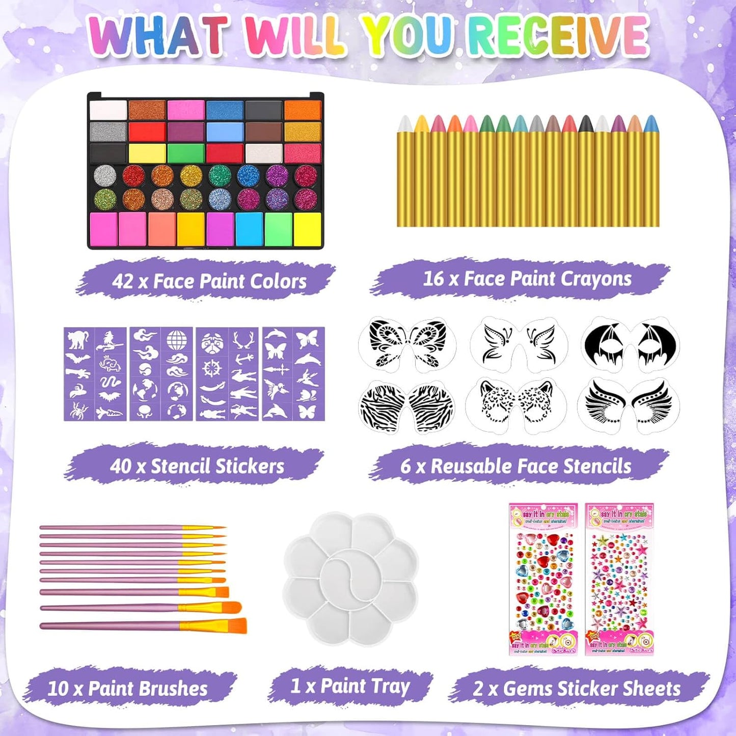 Face Painting Kit for Kids with Stencils, 42 Colors Non Toxic Face Paint with 16 Face Paint Crayons, 6 Reusable Face Painting Stencils, 40 Sticky Stencils for Kids Party and Halloween