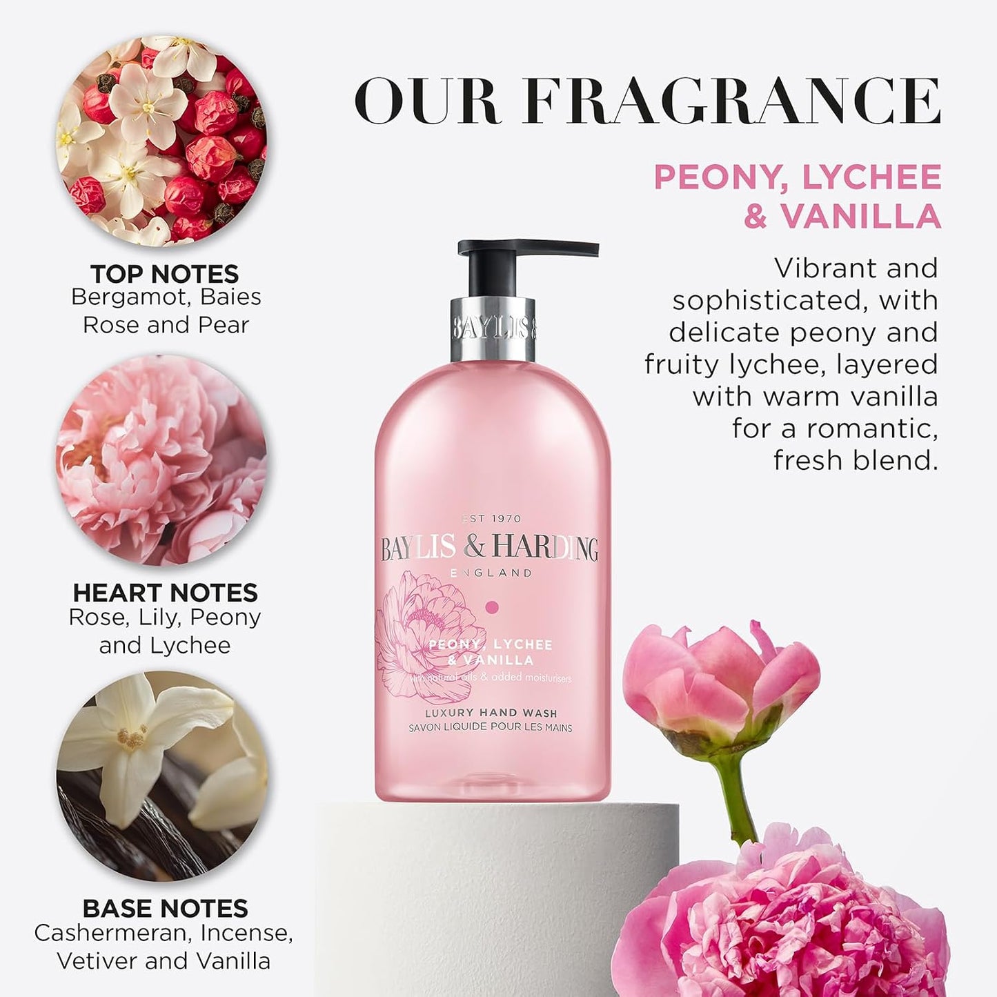 Baylis & Harding Signature Peony, Lychee, Vanilla Hand Wash 500ml (Pack of 3) - Vegan Friendly
