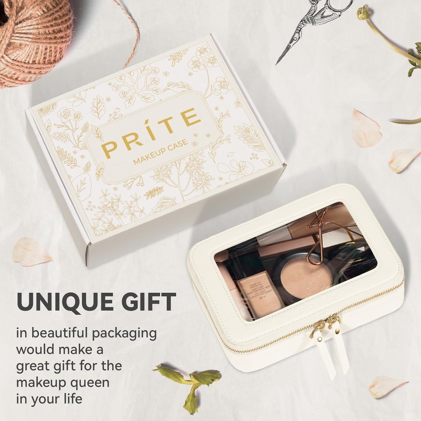 Prite Clear Makeup Bag Cosmetic Case Travel Toiletry Bag, Beige, Standard | Three Sizes, Water-resistant, Tsa Approved, See Through, Car Essentials, Vegan Leather, Transparent PVC, Gift Box Packaging