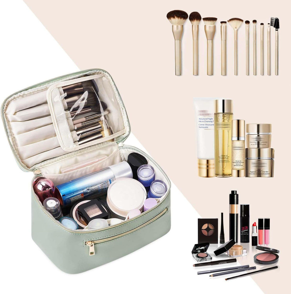 Travel Makeup Bag with Brush Compartment, Large Cosmetic Bags, PU Leather Makeup Case with Handle, Water-Resistant for Women, Green (Patent Pending)