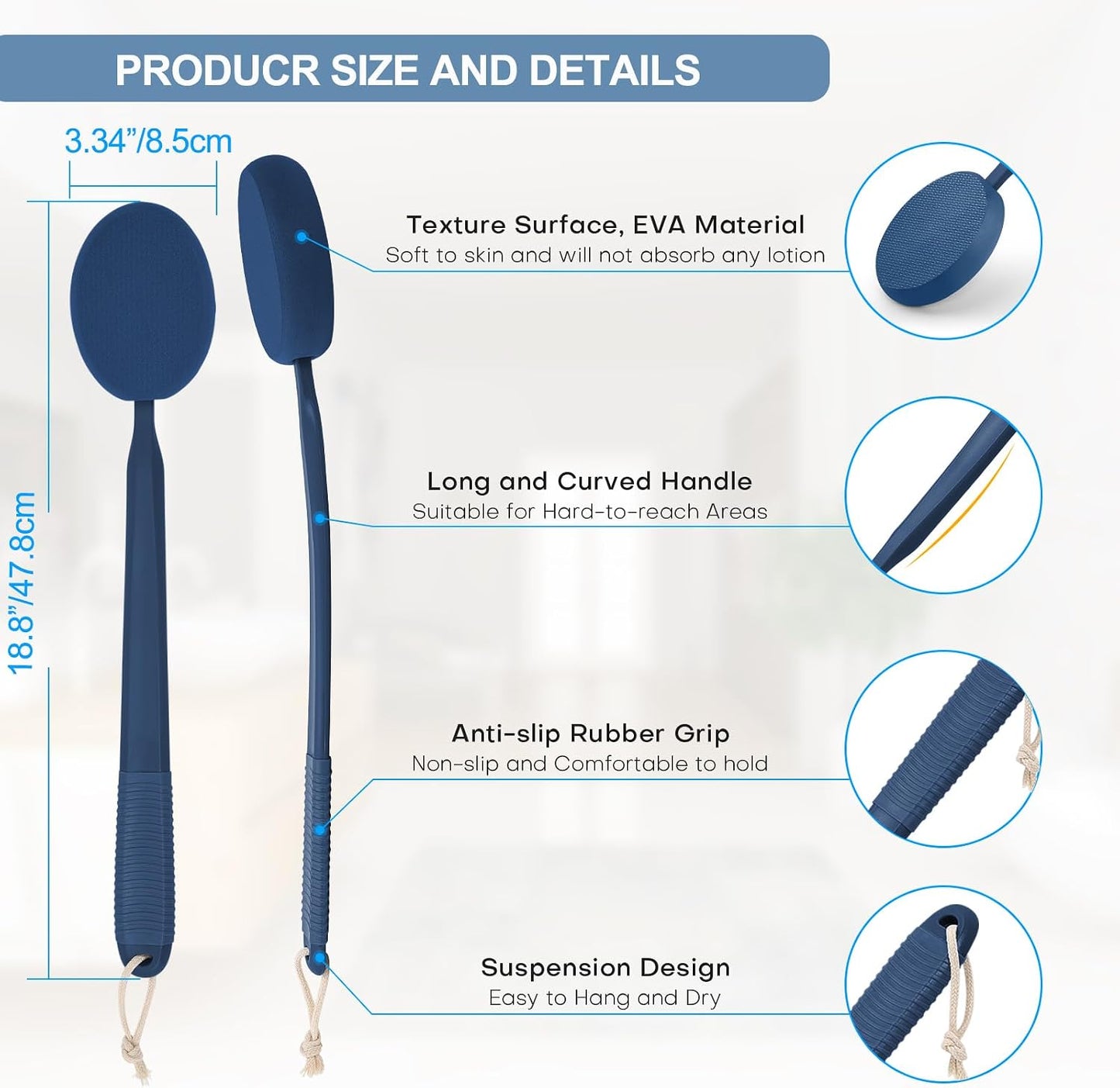 Lotion Applicator for Back, Feet & Legs with Long Plastic Handle, Back Moisturizer Cream, Self Tanning, Sunscreen, Ointment, Medicine Applicator for Elderly, Men or Women with 3 Washable Pads (Blue)