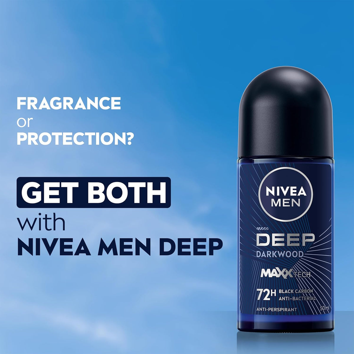 NIVEA Men Deep Black Carbon Roll On (50ml), Roll On Deodorant with 72H of Protection Against Stains and Odours, Strong Anti-Perspirant Developed with MAXXTECH Formula