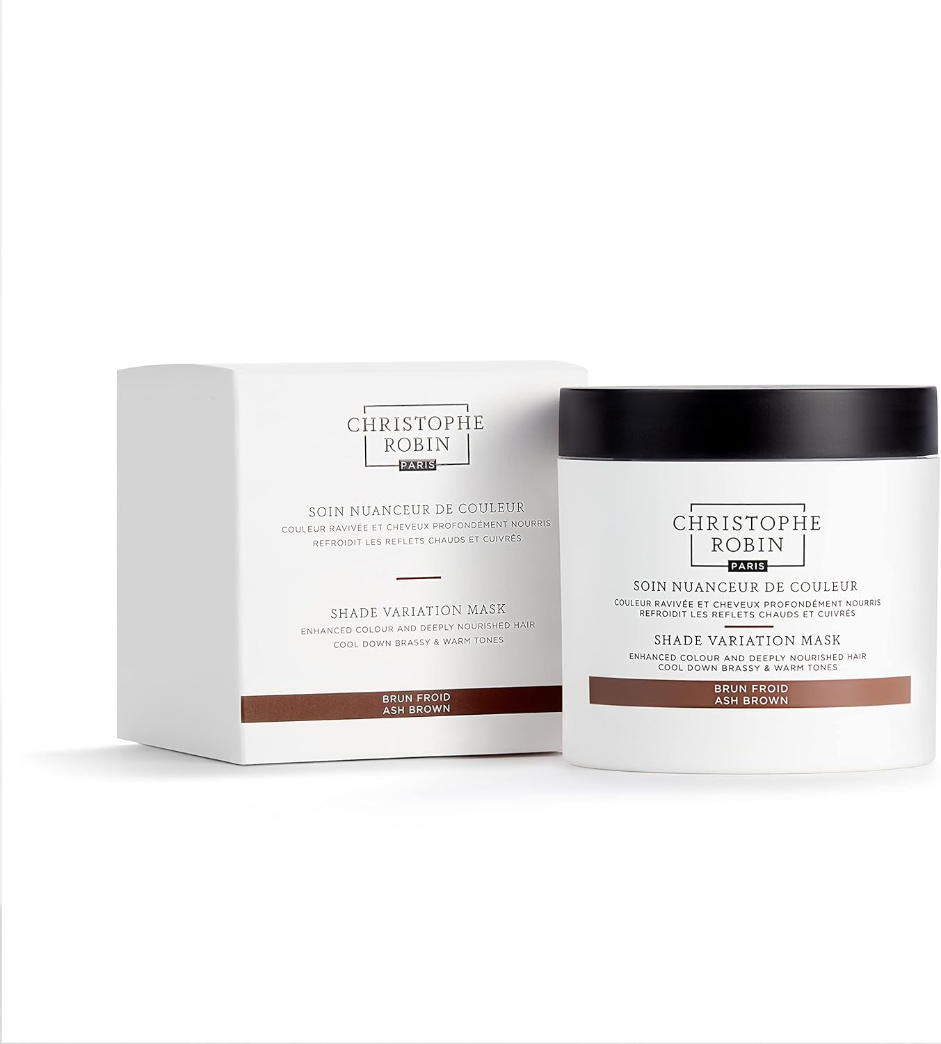 Christophe Robin Shade Variation Mask - Ash Brown 250ml – Deep Conditioning treatment for Brown hair - Instantly Neutralises Brassiness & Red Tones for Cool, 96% Natural Ingredients