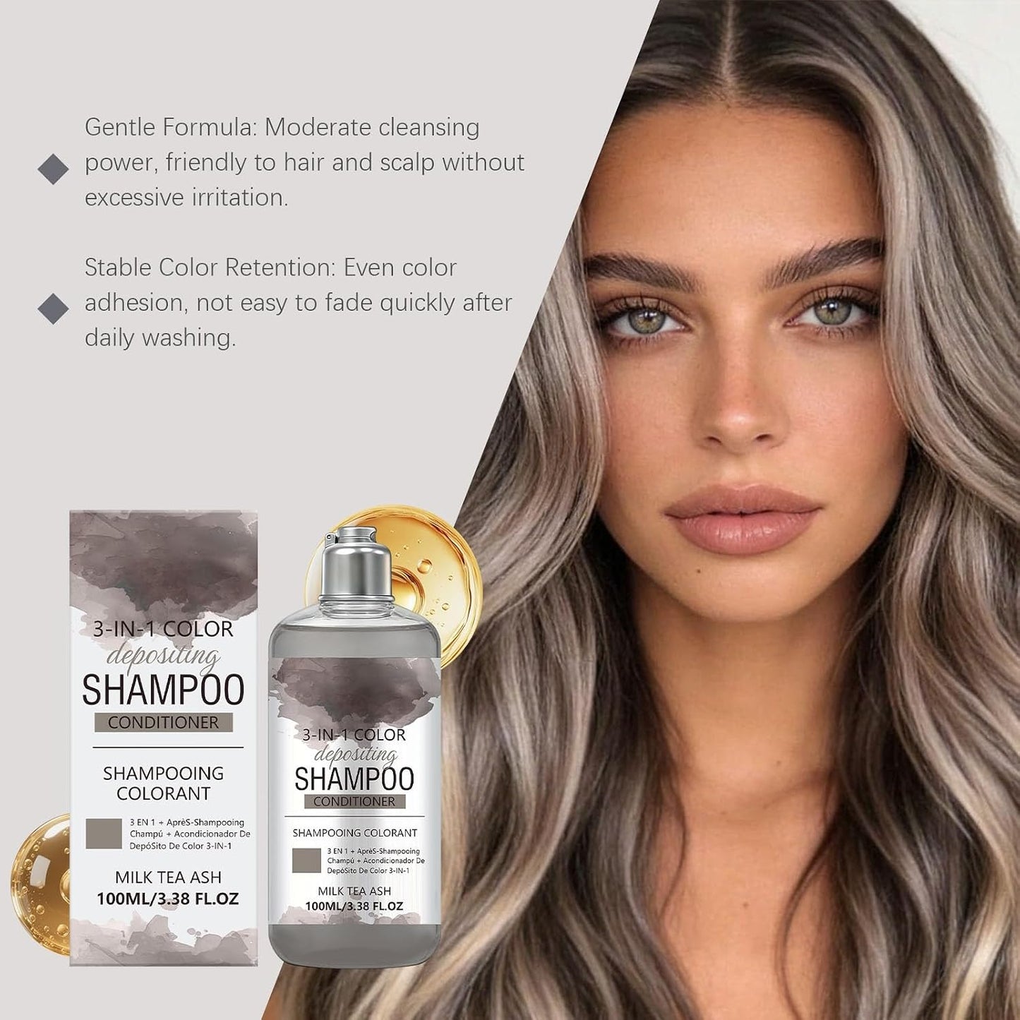 3-in-1 Hair Colour Shampoo, Herbal Shampoo with Milk Tea Ase Colour, Fast-Acting Formula, Semi-Permanent Grey Coverage, For Smooths And Beautiful Hair, Restores Shine(1)