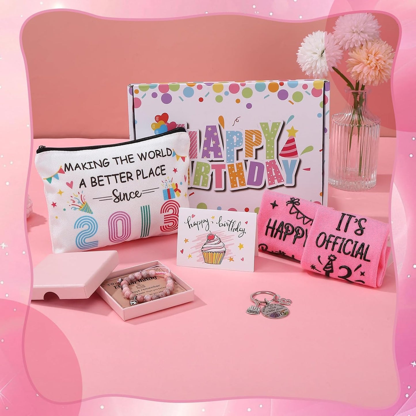 ViEinkaufen 13th Birthday Gifts for Girls,Makeup Bag Keyring Bracelet Socks | Birthday Presents for 13 Year Old Girls,Teenager Gifts for Daughter Sister Niece Granddaughter