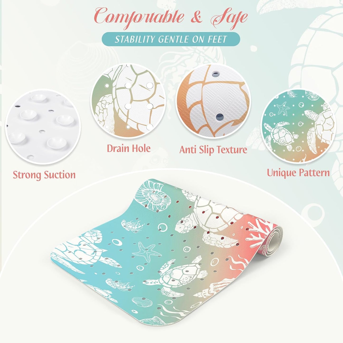 SHUCHING Turtles Bath Mat Non Slip Anti Mould, 100 X 40 cm Extra Long Bathtub Mat Anti Slip, Shower Mat Non Slip Anti Mould for Bathroom Machine Washable