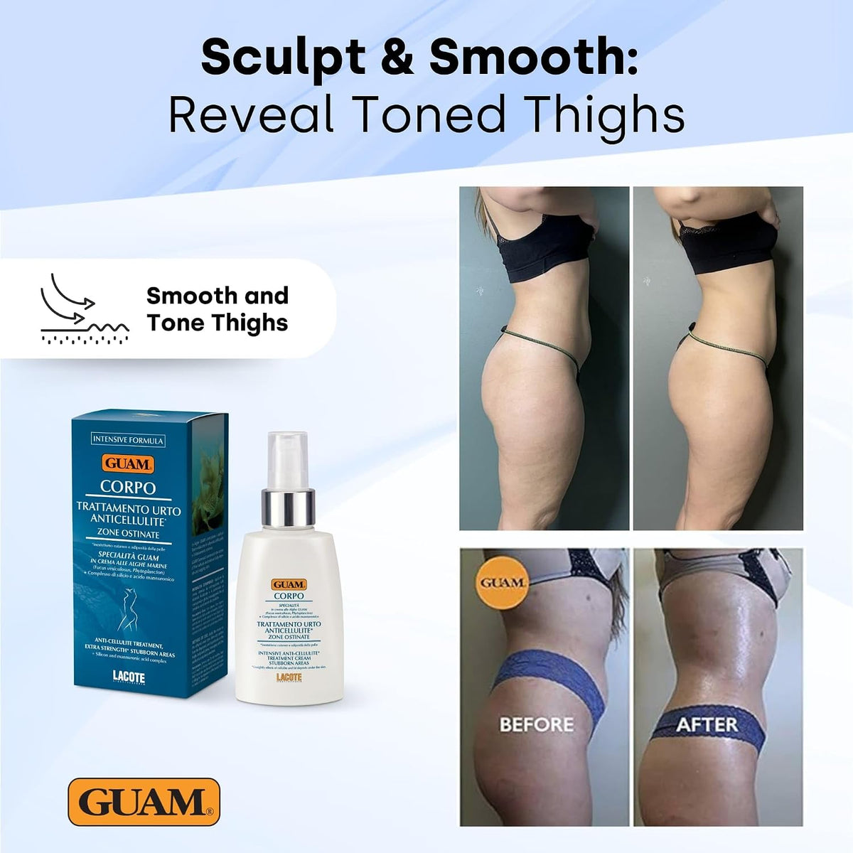 GUAM Seaweed Anti Cellulite Cream for Women with Peptides & Minerals - 100ml Skin Tightening Body Cream for Stubborn Areas on Thighs, Stomach & Buttocks, Firming, Hydrating & Elasticity Support