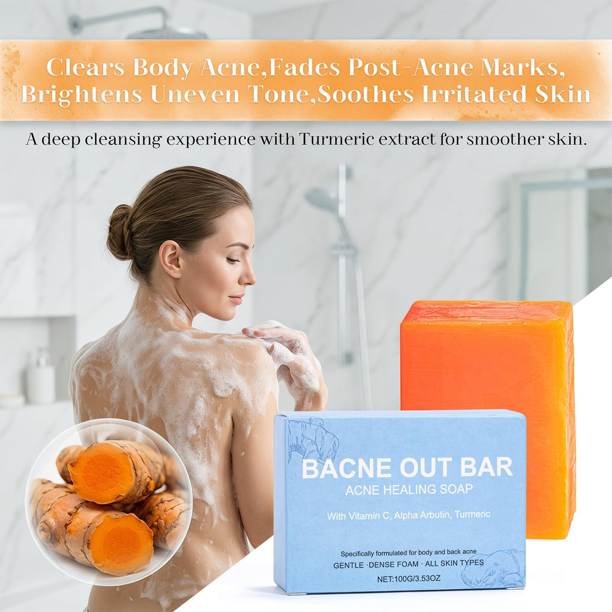 2 Pack Bacne Out Bar, Bacne Soap With Turmeric, Vitamin C & Alpha Arbutin,Brightening Exfoliating Cleanser,Natural Skin Care for Back, Chest & Shoulders,Reduces Acne & Dark Spots