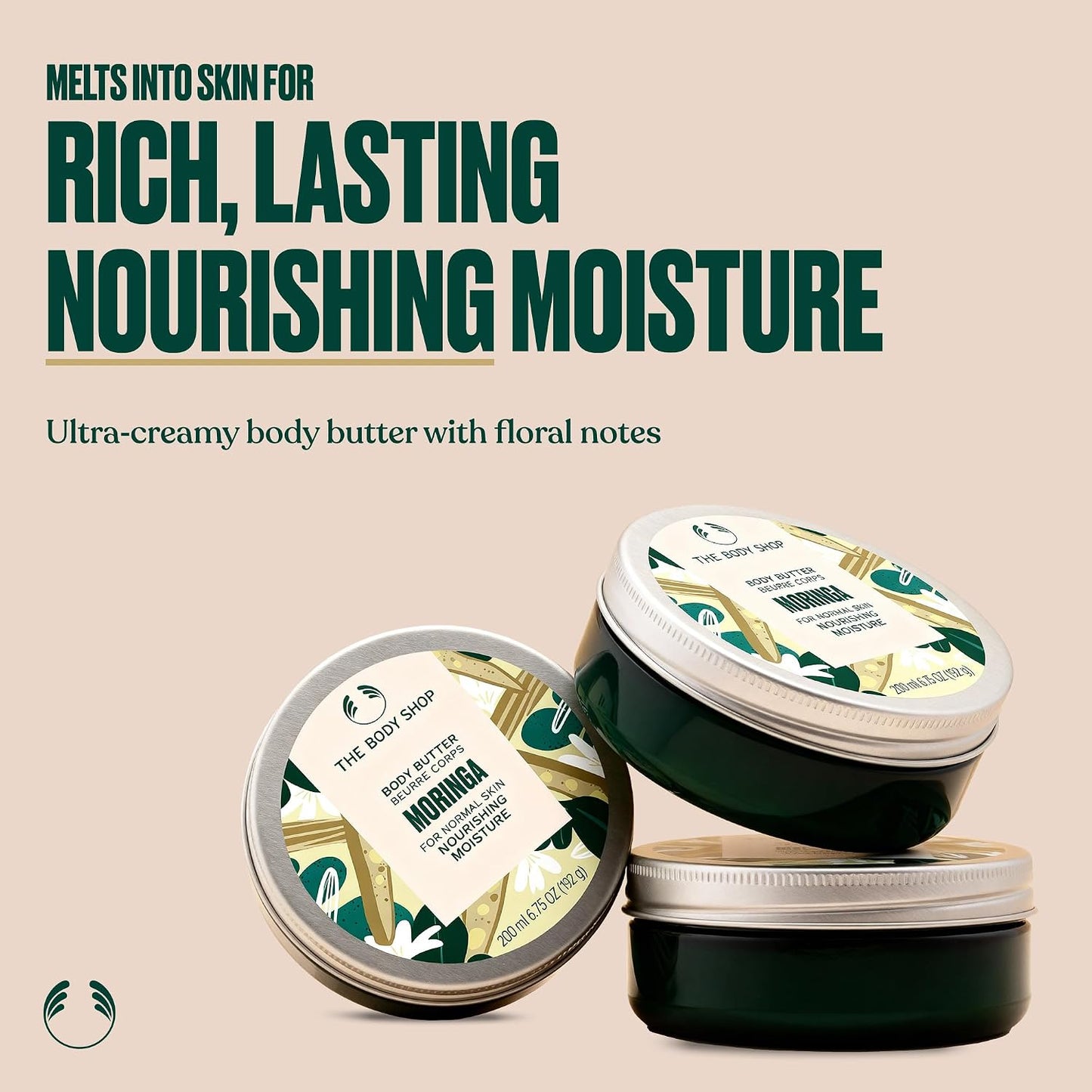 The Body Shop Moringa Body Butter (1x 200ml), Rich Nourishing Body Cream for Dry Skin, 96H Moisturising Body Butter, Floral Scented Butter for Softer Skin, Ultra-Hydrating Vegan Skincare