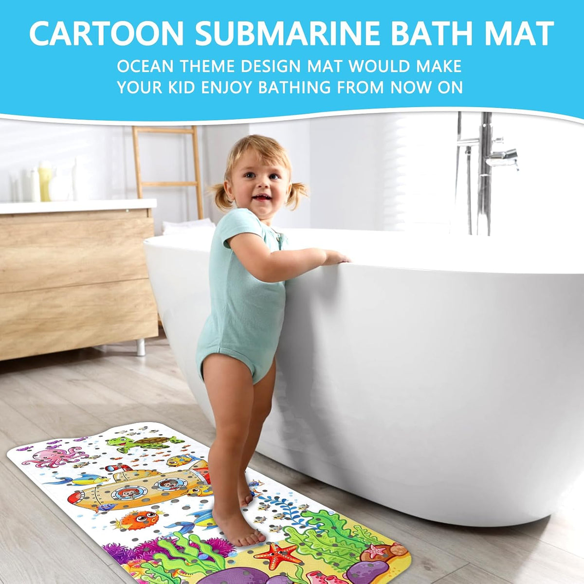 Capslpad Bathtub Mat Non Slip Anti Mould 40x100 cm Cartoon Submarine Bath Mats Extra Large Soft Bath Seat Mat with Suction Cups & Drain Holes Machine Washable Sea Animals Bath Mat