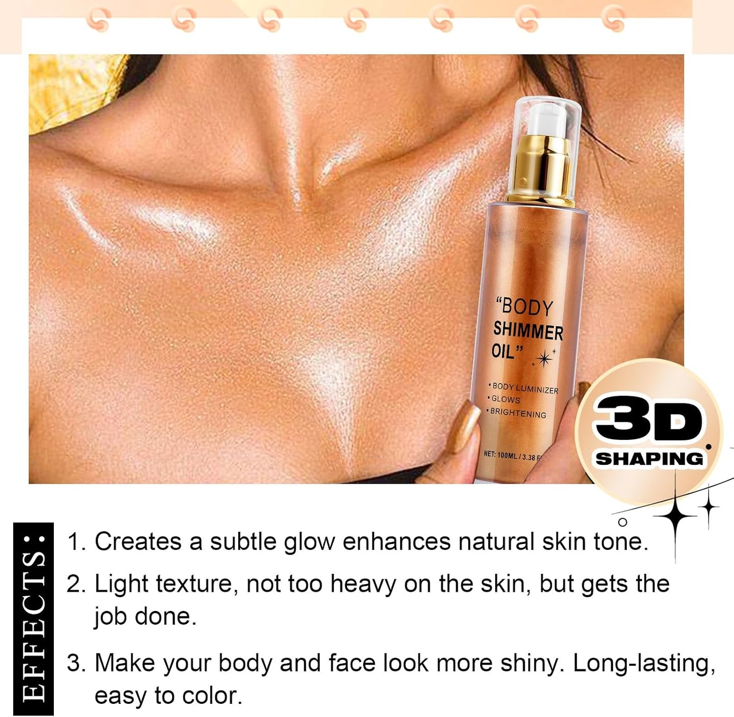 Body Shimmer Oil 100ml, Long Lasting Moisturizing Face & Body Luminizer, Waterproof Liquid Illuminator, Shimmer Glitter Oil Highlighter (Golden Brown)