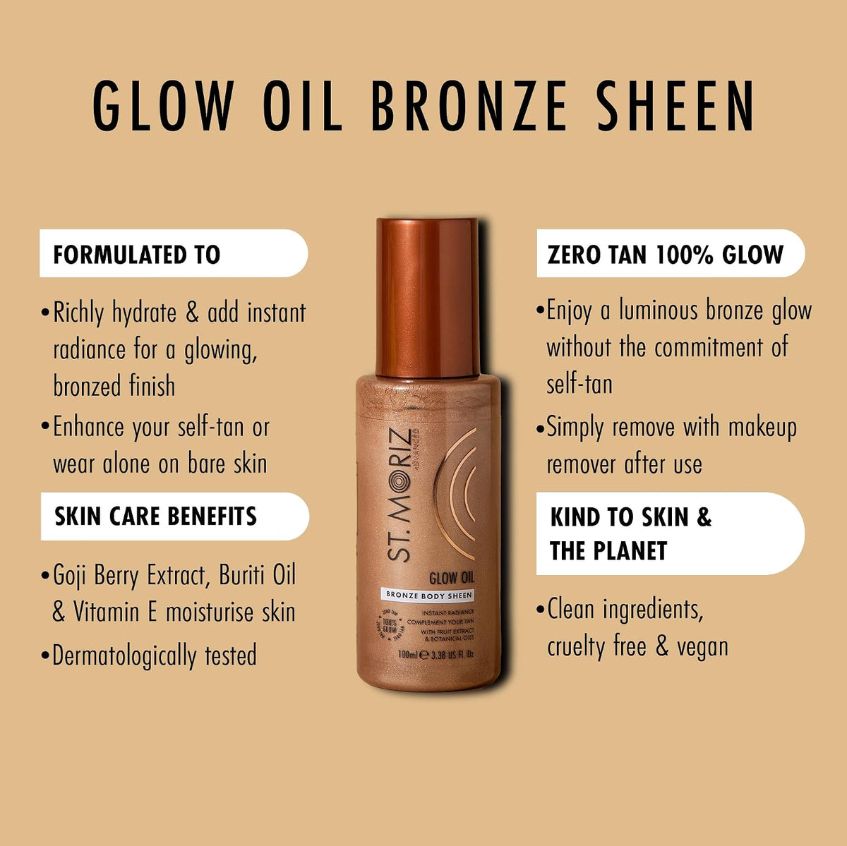 St Moriz Advanced Glow Oil | Bronze Body Sheen for Instant Skin Radiance & Rich Hydration | Body Glow Enhancer | Shimmering Liquid Bronzer | Compliments Your Tan | Vegan | Cruelty Free | 100ml