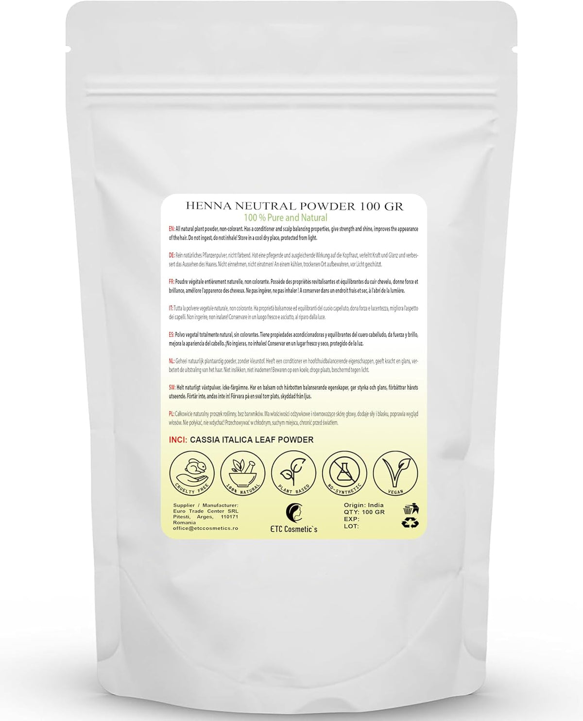 Cassia Obovata Powder (Neutral Henna, cassia powder) - 100 gr - Has conditioner and scalp balancing properties, gives strength and shine, improves the appearance of the hair.