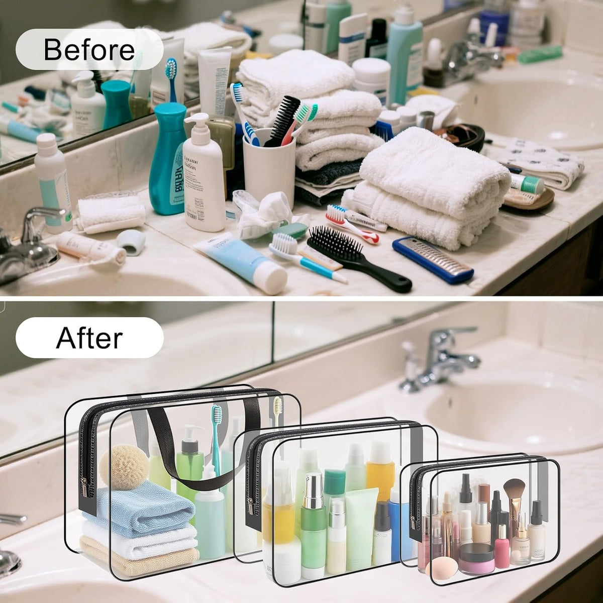 Clear Wash Bag for Toiletries, Funnasting 3 in 1 Waterproof Clear PVC Travel Makeup Bag Business Bathroom for Men, Women and Kids