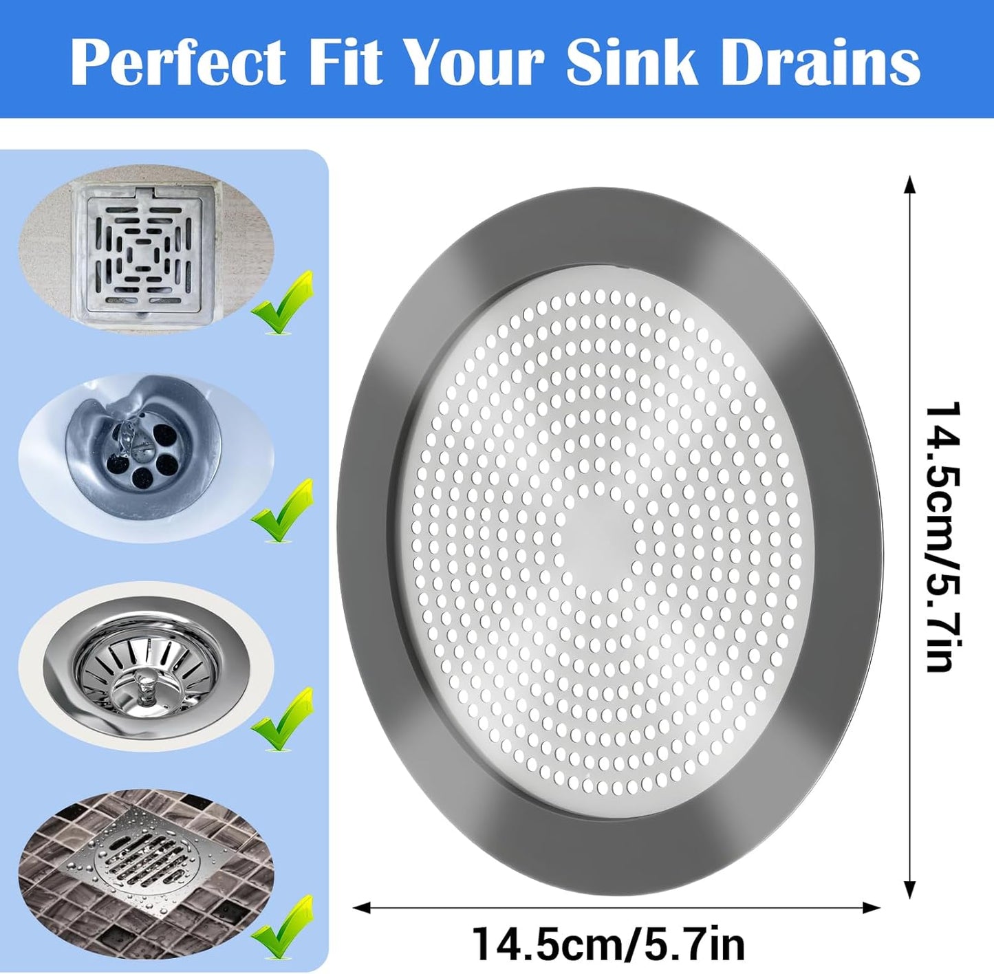 Shower Hair Drain Catcher, Stainless Steel & Silicone Flat Bathtub Drain Cover with Wide Rim for Strong Adhesion, Shower Drains Hair Catcher for Clog Prevention & Easy Cleaning, 5.7 Inch Wide Round