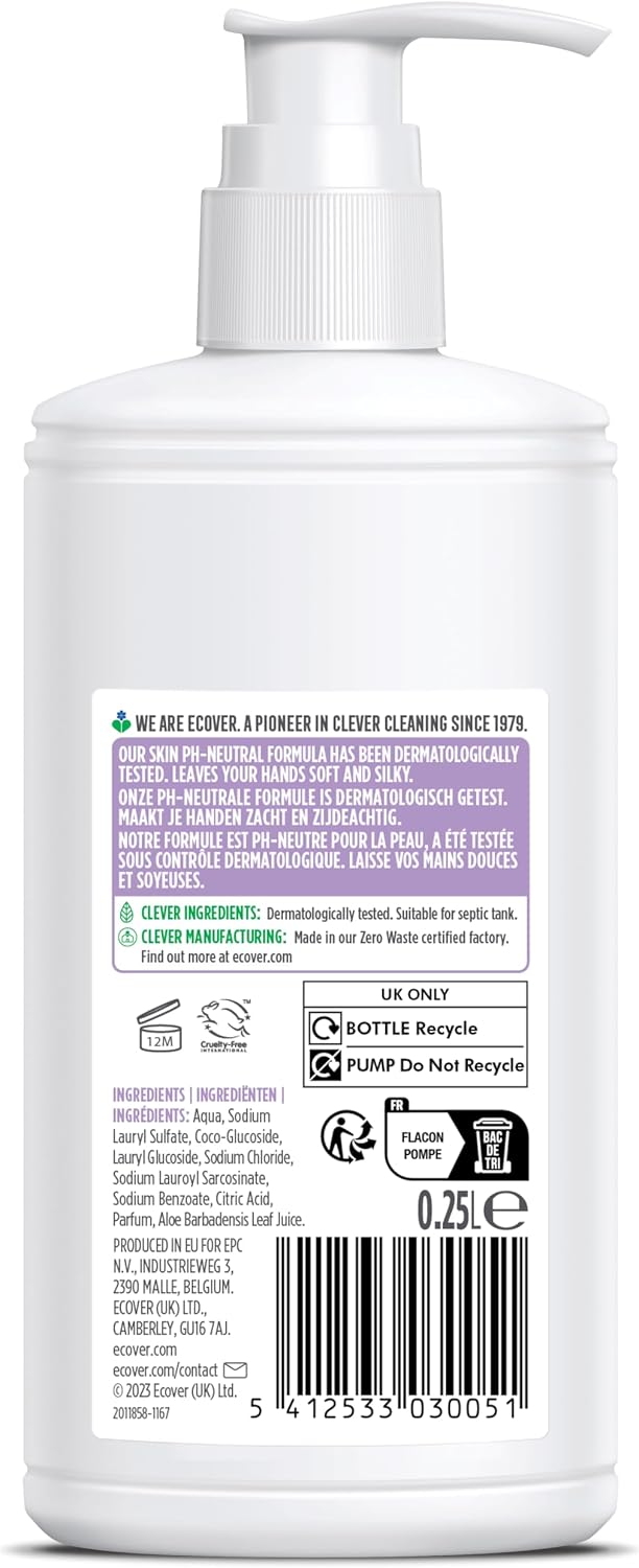 Ecover Hand Wash, Hand Soap, Gentle Hand Cleansing, Fresh Lavender & Aloe Scent, Pack of 1, 1 x 250ml