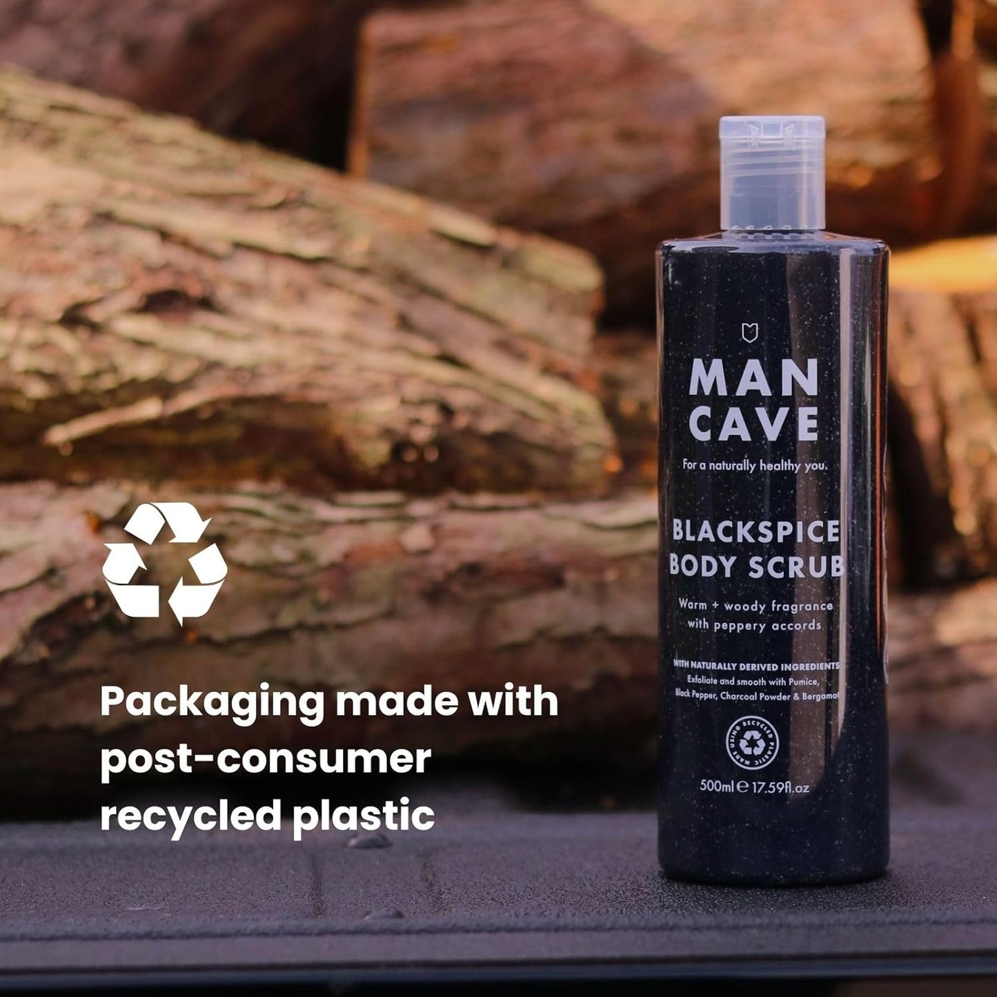 ManCave Blackspice Mens Body Scrub, 500 ml, Body Wash, Natural Formulation, Vegan, Eco-Conscious and Cruelty-Free, Warm & Woody Shower Gel for Men with Pumice, Charcoal, Body Wash for Men