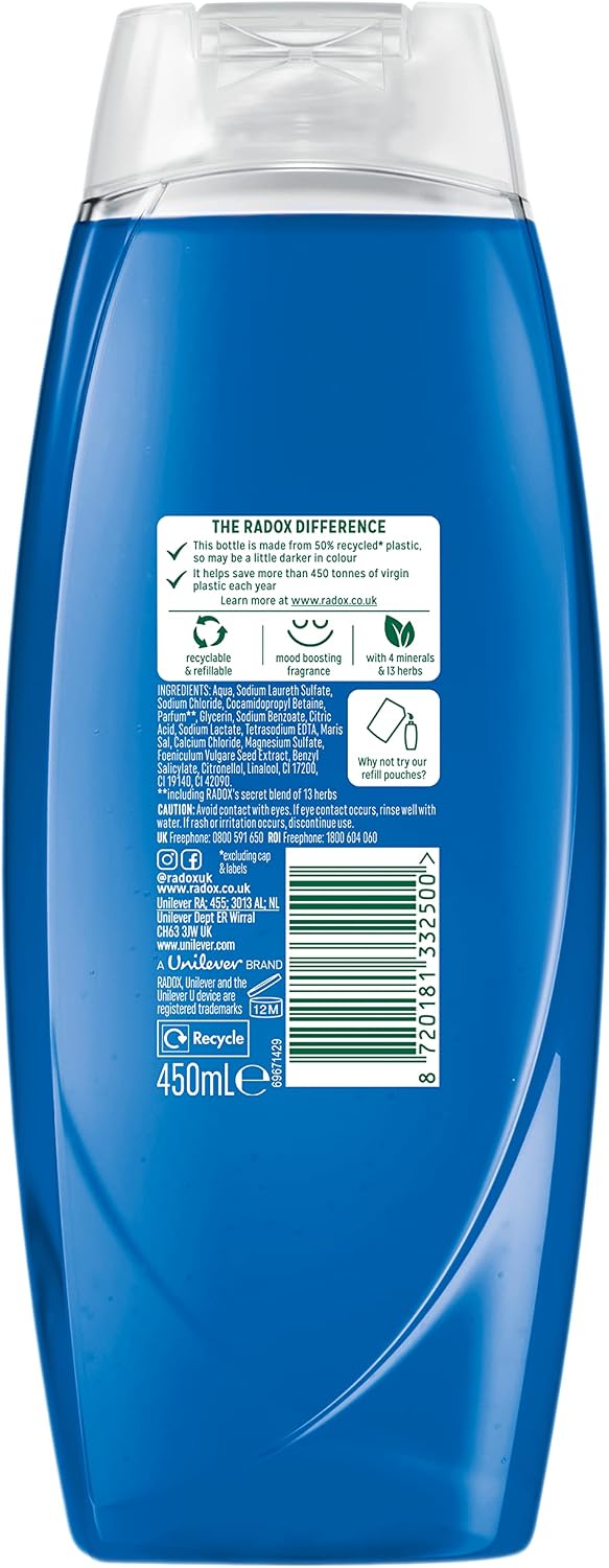 Radox Mineral Therapy Feel Awake 2-in-1 body wash & shampoo shower gel with a sea mineral & fennel fragrance for a refreshing shower experience 6x 450 ml
