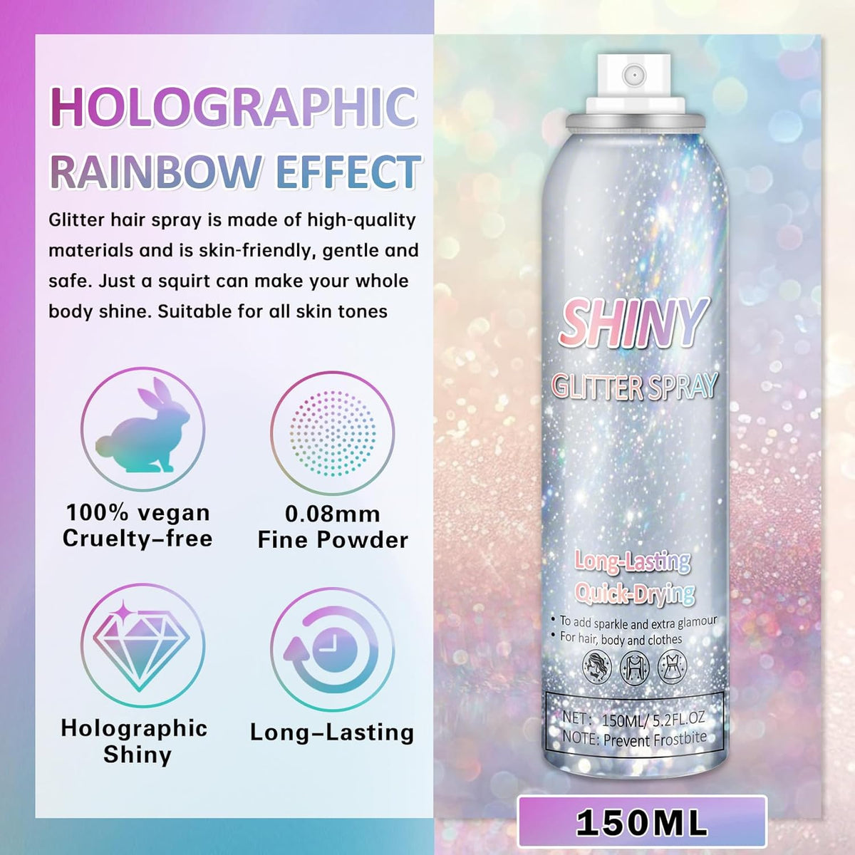 Body Glitter Spray Holographic Glitter Spray for Hair Body, Long-Lasting Shiny for Festival Prom Party-5.2 Fl Oz, Rainbow Sliver